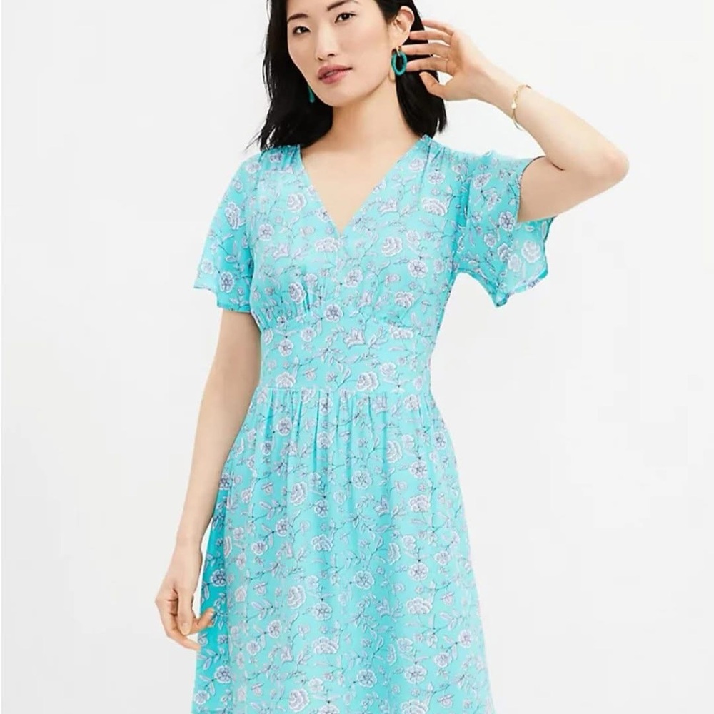 LOFT Blue Pleated Midi Dress with Flutter Sleeves